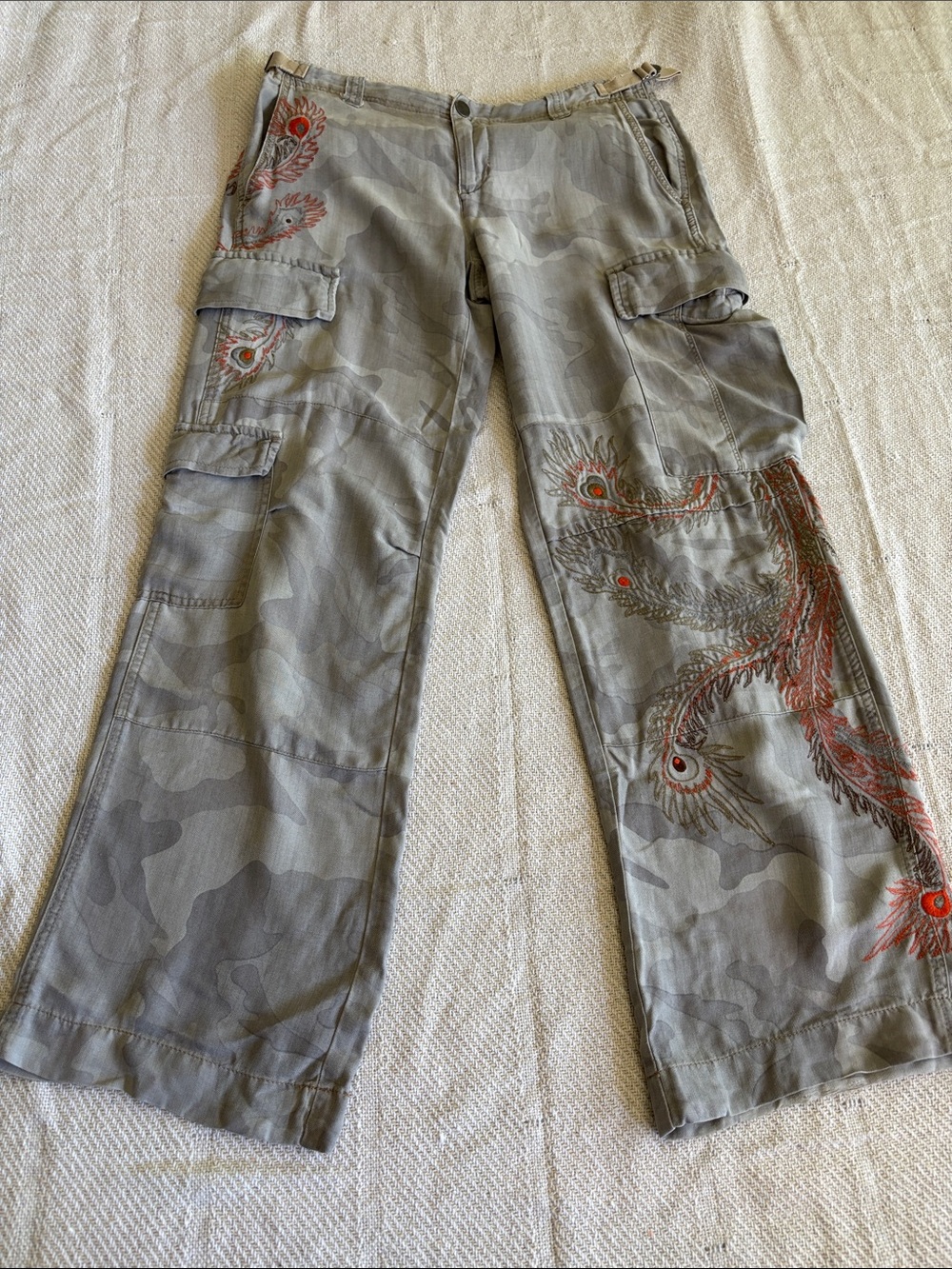 Da-Nang Gray Camouflage Cargo Pants with Red Embroidered Peacock